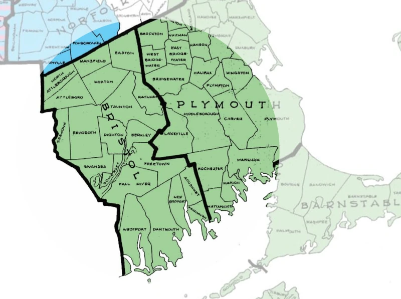 Massachusetts map highlighting the South Coast